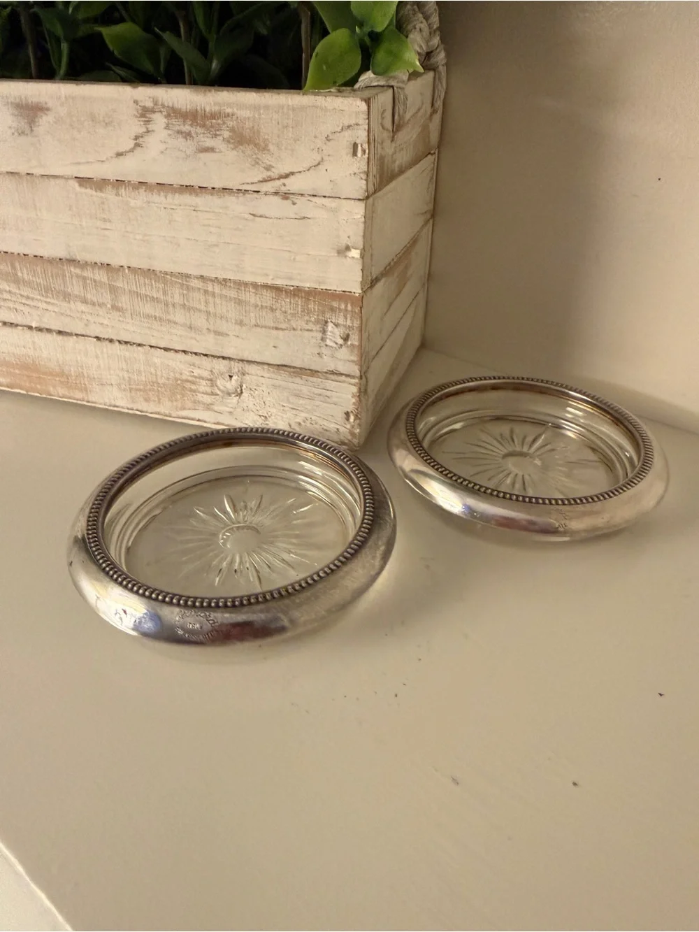 Vintage Leonard Italy Silverplate Glass Coasters Set of 2 Starburst Beaded Rim
